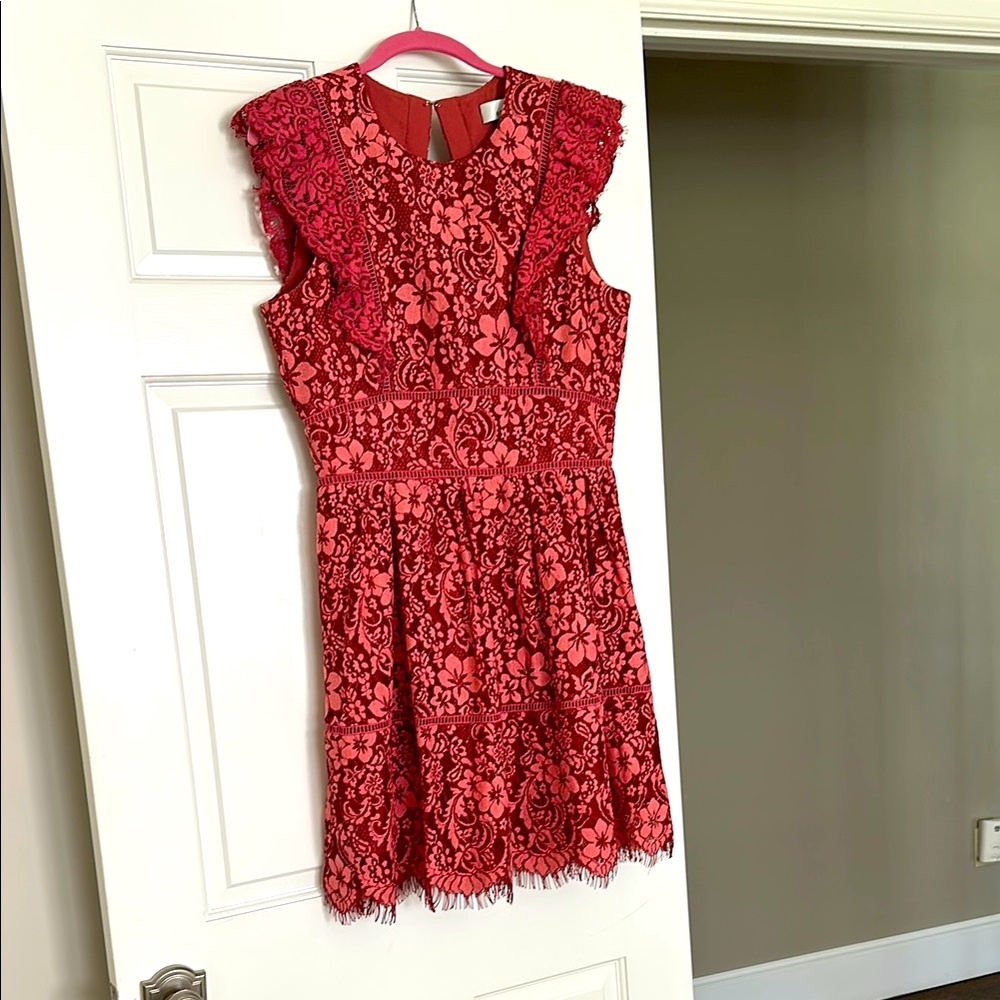 Adelyn Rae dress in stunning deep coral and rose!